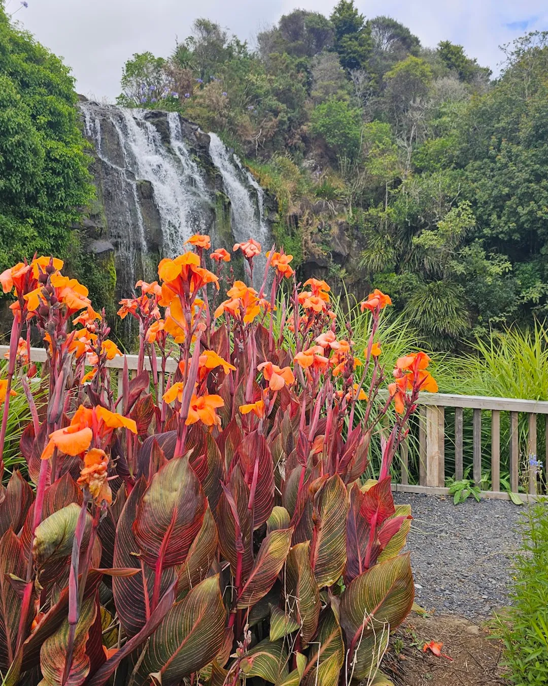 Beautiful flowers garden with waterfall, image size:1080x1350